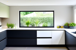 Cuisine verte sur plan de travail blanc