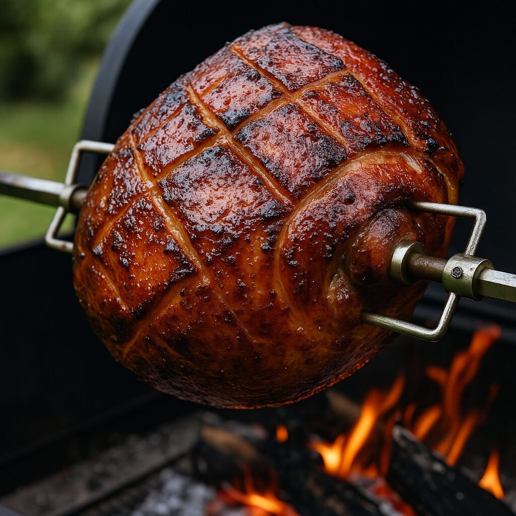 Jambon à la broche laqué au miel et cidre