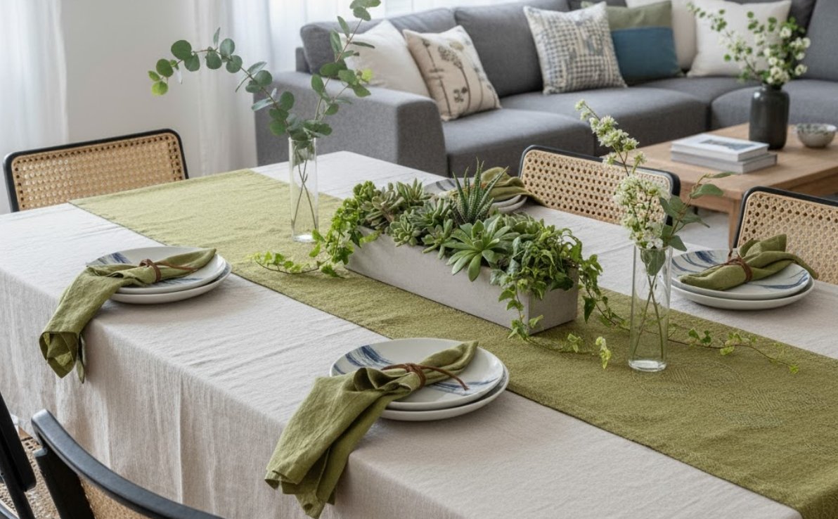 mise en valeur d'une table pour le repas avec du linge de maison made in france