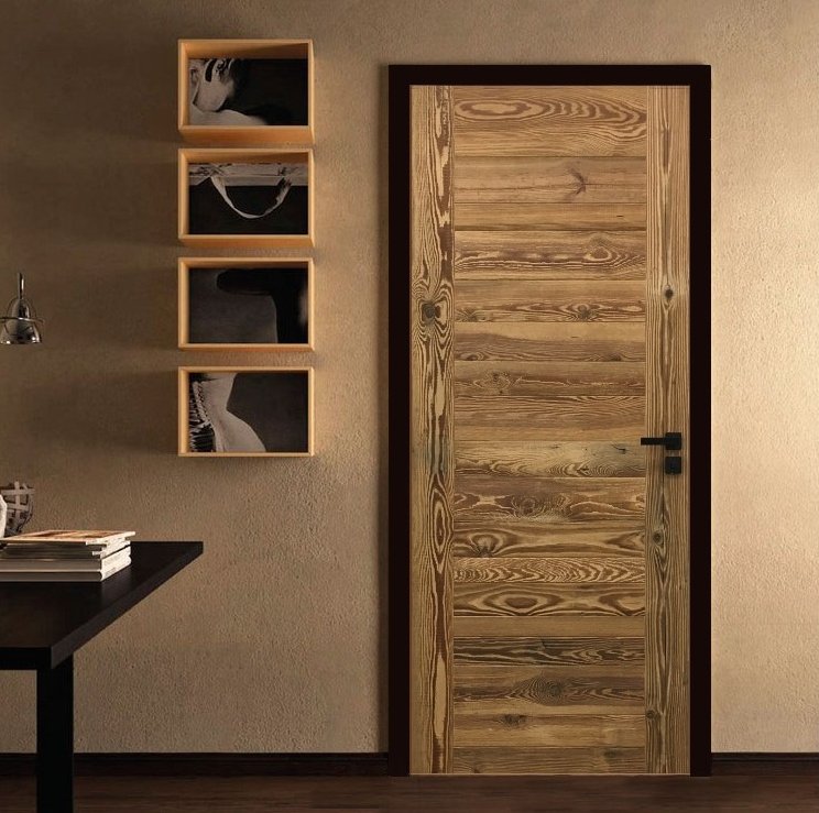 Portes en bois adhésif : la tendance chaleureuse qui détrône le papier peint porte avec Vieux bois Marron Beige a coller